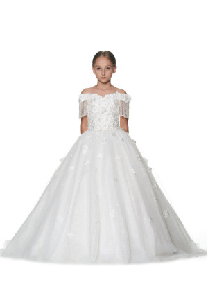 Off Shoulder Ivory Sparkly Flower Girl Dress With Crystal Fringe